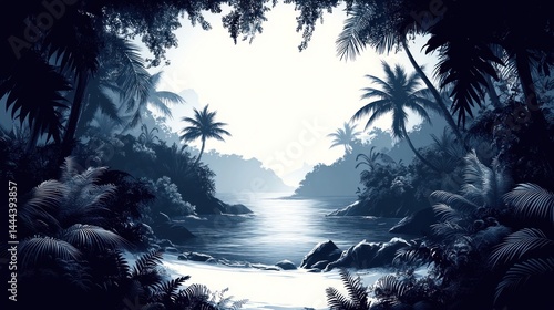 Obraz na płótnie Serene Tropical Cove: A Monochromatic Paradise w salonie