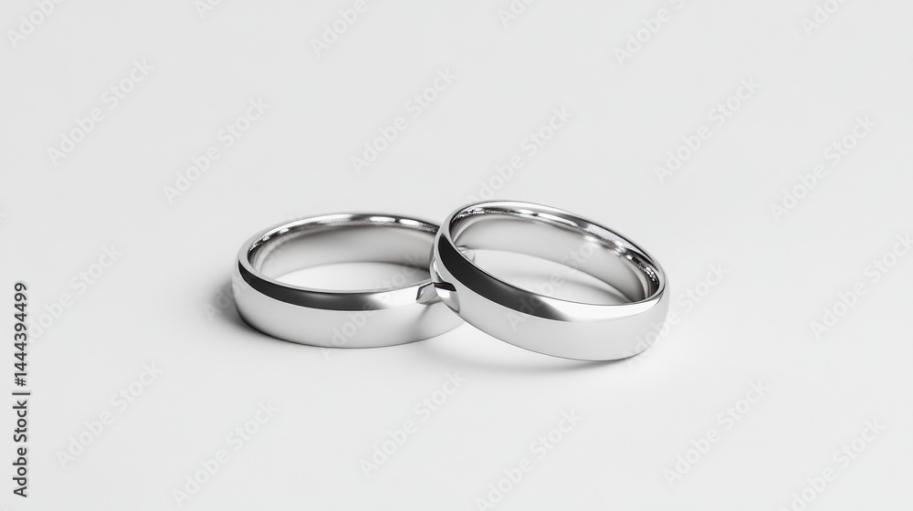 Two silver wedding rings resting on a smooth white surface, close-up composition with soft lighting, and symbolizing love and commitment. Two silver wedding rings resting on a smooth white surface, close-up composition with soft lighting, and symbolizing love and commitment.
