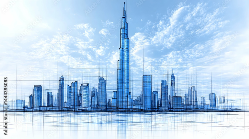 Obraz premium A sprawling city skyline dominated by a towering skyscraper under a cloudy sky rendered in blue architectural lines