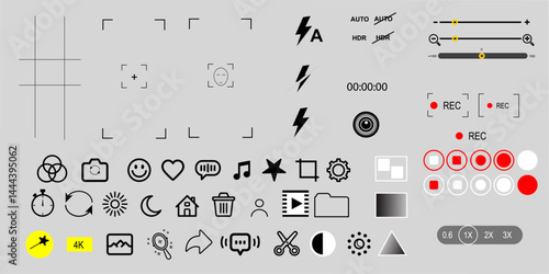Mobile Camera Interface with Photo & Video Mode, Grid Focus, Zoom Settings, Touch Focus & Flash Icons – Vector Flat Design