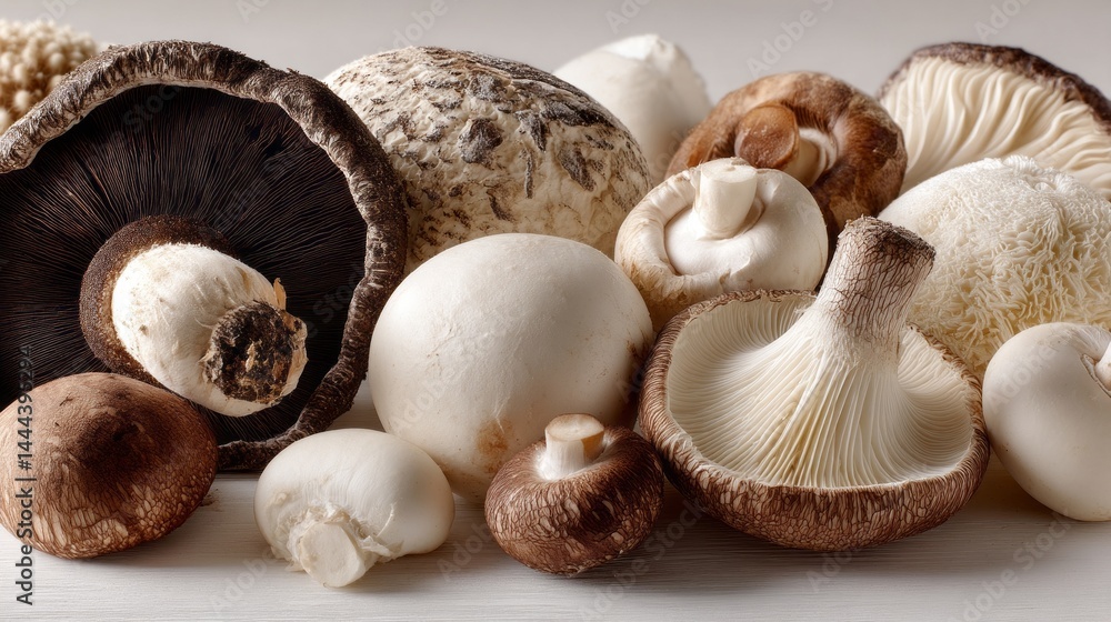 A variety of mushrooms are displayed on a table A variety of mushrooms are displayed on a table