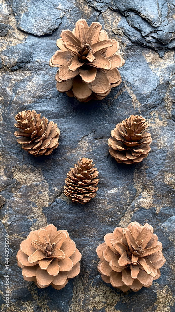 Fototapeta premium Five pinecones on textured slate surface two larger cones at the top and bottom three smaller in middle