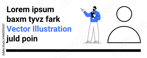 Man in blue shirt presenting with document, abstract text, and user profile illustration. Ideal for business, strategy, education, marketing, communication, profile setup simple landing page