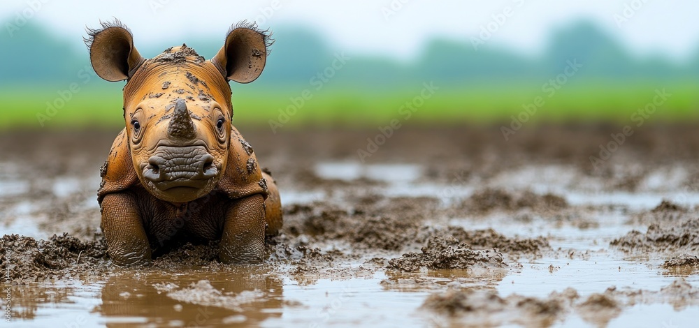 Adorable Baby Rhino Playing in the Mud: A Wildlife Photography Masterpiece