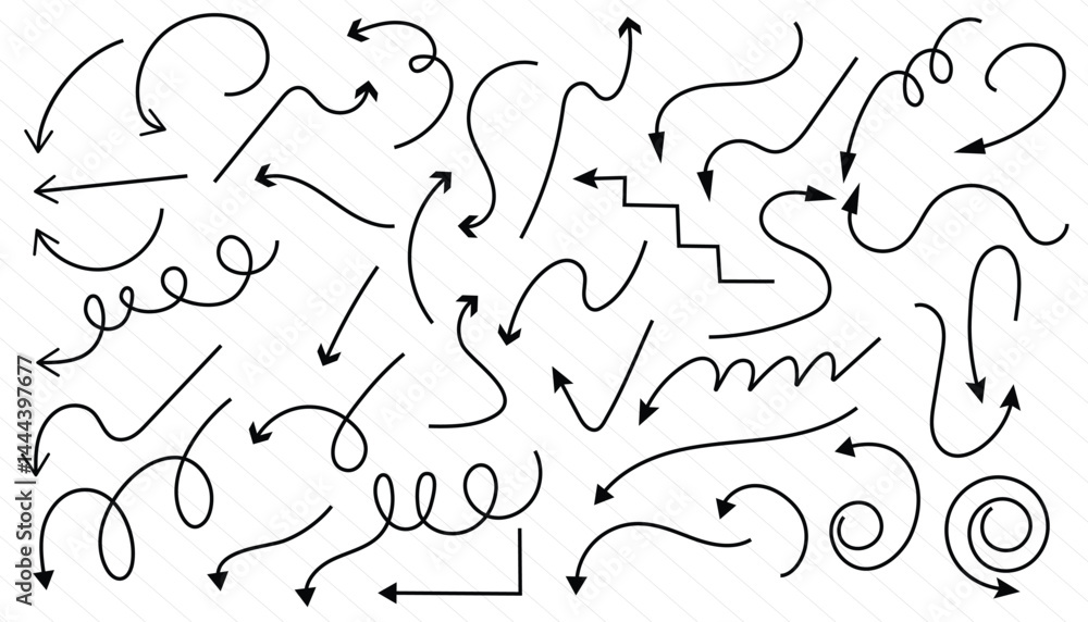 Set of hand drawn vector arrows doodle. hand-drawn arrow lines set. black lines arrows collection Set of hand drawn vector arrows doodle. hand-drawn arrow lines set. black lines arrows collection