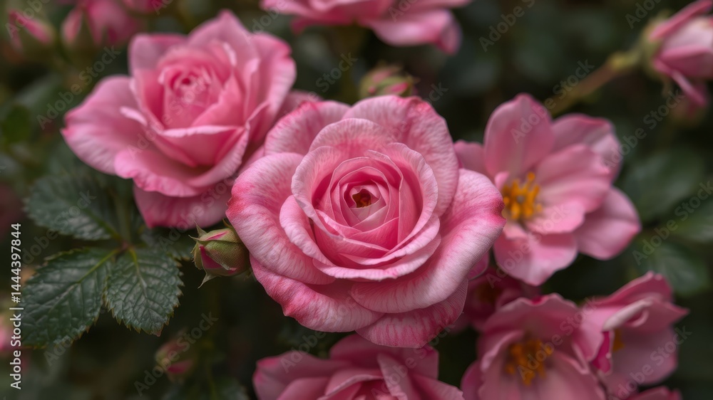Obraz premium A cluster of delicate pink roses blossoms in a lush garden setting showcasing their beauty and vibrant color.