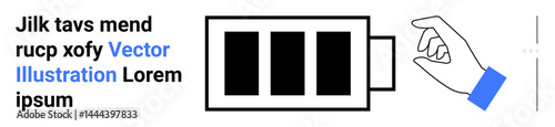 Hand reaching towards a battery symbol with three filled segments, implying charging or energy level. Ideal for technology, energy, power, efficiency, control, digital tools, simple landing page