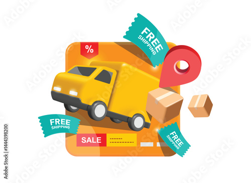 Yellow container truck with parcel box or cardboard box and promotional sign free shipping green floats around in air, vector 3d isolated for Logistics, delivery and online shopping concept design