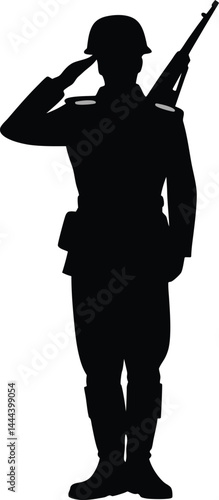 Military silhouette strength and honor in a salute vector icon. military, respect, service, silhouette.