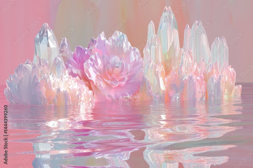 Crystal flowers float on a pink water, reflecting a soft light Large, iridescent crystals, with a soft peachy and pink hue surround delicate, light pink flowers Crystal flowers float on a pink water, reflecting a soft light Large, iridescent crystals, with a soft peachy and pink hue surround delicate, light pink flowers