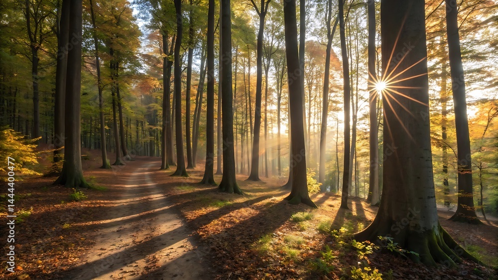 Obraz premium Majestic Autumn Forest Path Sunlit Trees Golden Leaves Nature Walk