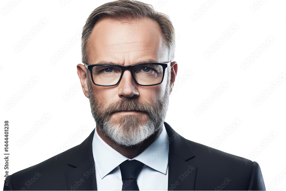 Confident middle-aged Caucasian man with glasses and a beard in a formal suit against a white background. Confident middle-aged Caucasian man with glasses and a beard in a formal suit against a white background.