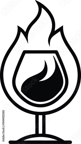Artistic cognac glass with flames illustrated in flowing continuous line style perfect for high end bar branding fire and drink artwork and classy line art designs