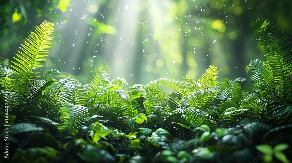 Radiant forest illuminated by sunlight as it streams through leaves creating a peaceful atmosphere of natural beauty and serenity Radiant forest illuminated by sunlight as it streams through leaves creating a peaceful atmosphere of natural beauty and serenity