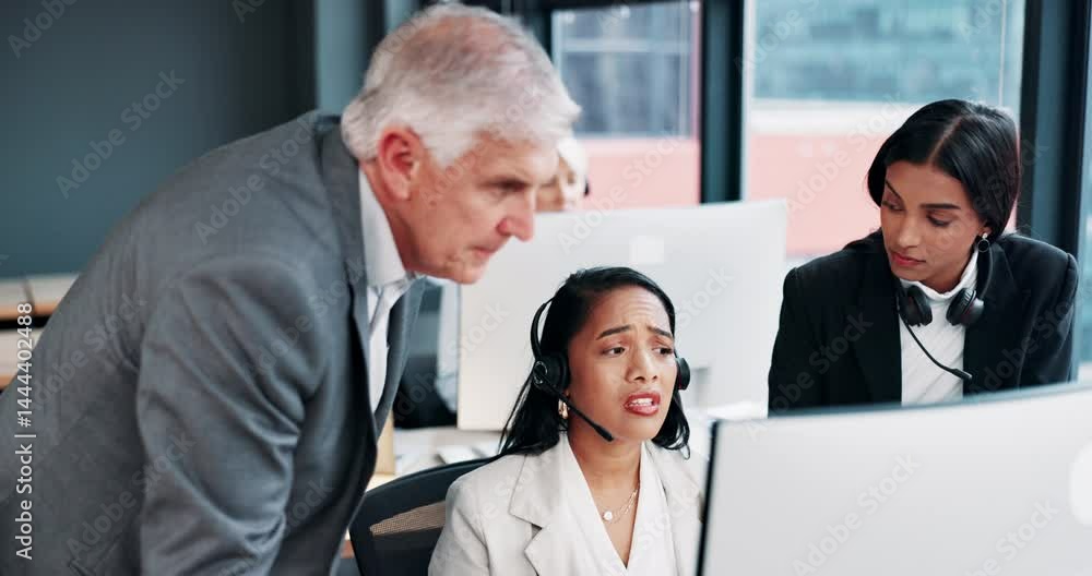 Call center manager, advice and teamwork with computer for problem solving, website glitch and CRM systems error. Telemarketing, woman and mentor with assistance for sales mistake or customer enquiry Call center manager, advice and teamwork with computer for problem solving, website glitch and CRM systems error. Telemarketing, woman and mentor with assistance for sales mistake or customer enquiry