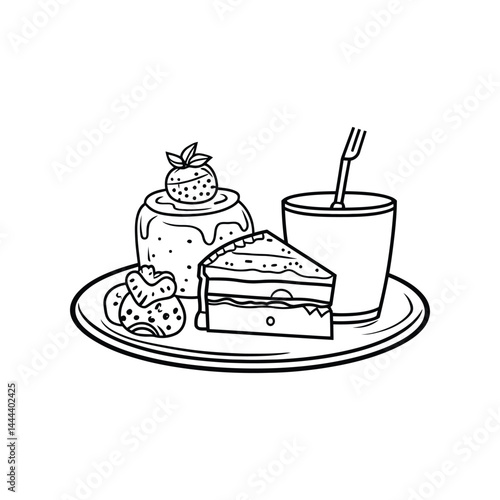 Dessert Tray with Cake Slice, Pudding Cup, fork on Transparent Background