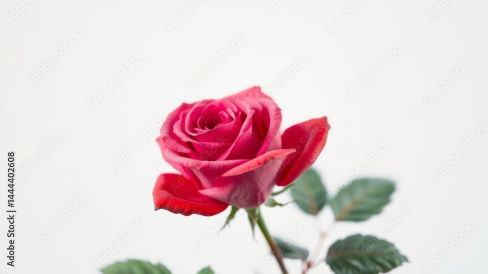 A single vibrant pink rose blooms elegantly against a stark white background showcasing its delicate petals and lush green leaves. A single vibrant pink rose blooms elegantly against a stark white background showcasing its delicate petals and lush green leaves.