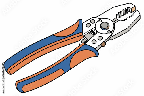44 Wire stripping tool, orange and blue handles, precision grip, industrial design, metallic blades, ergonomic shape, professional equipment, close-up photography, white background, high contrast, det