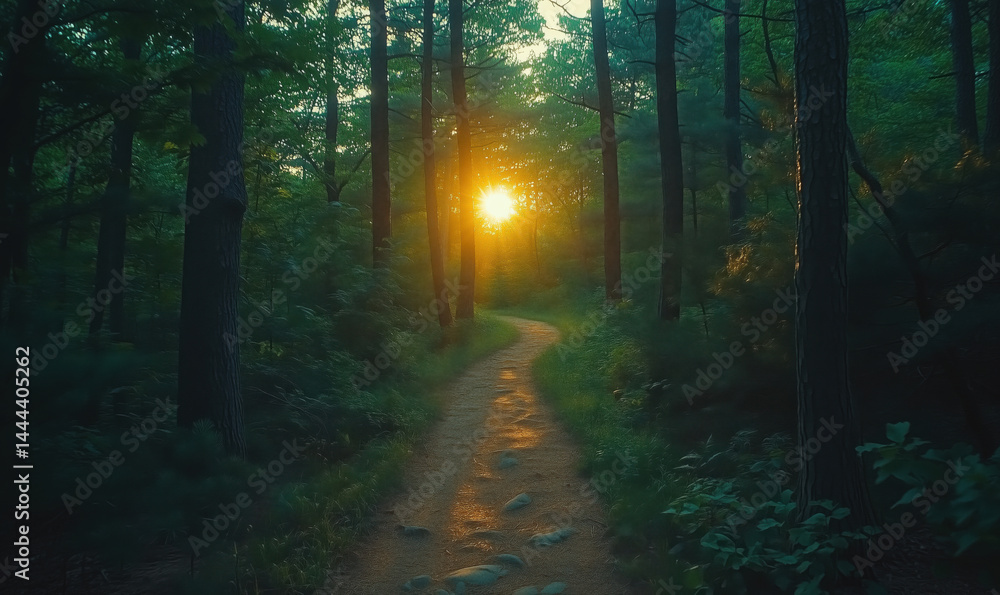 Naklejka premium Serene forest path illuminated by sunset through trees in tranquil nature setting.