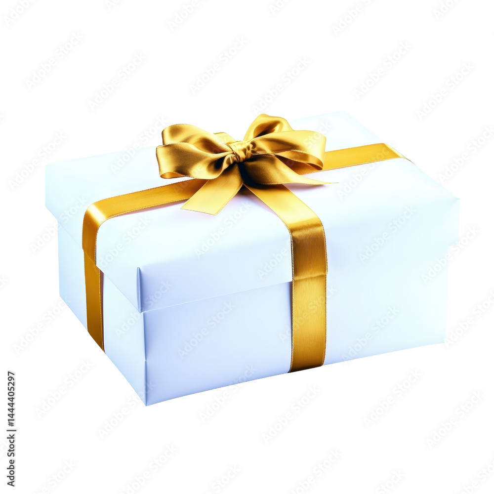 Elegant white gift box with a shiny gold ribbon and bow for celebration or special occasion, isolated on a white background with soft lighting and shadows Elegant white gift box with a shiny gold ribbon and bow for celebration or special occasion, isolated on a white background with soft lighting and shadows