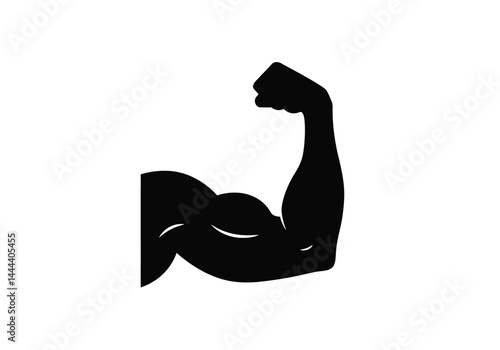 Arm muscle silhouette. This image displays a bold black representation of a flexed bicep, also referred to as a muscle or physique symbol, showcasing strength. Vector clipart illustration design.