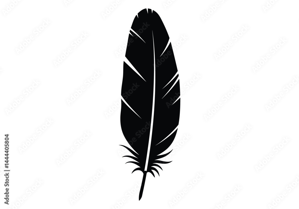 Feather silhouette. This image presents a black and white depiction of a single feather, also referred to as plume or quill, in an elegant design. Vector clipart illustration design. Feather silhouette. This image presents a black and white depiction of a single feather, also referred to as plume or quill, in an elegant design. Vector clipart illustration design.