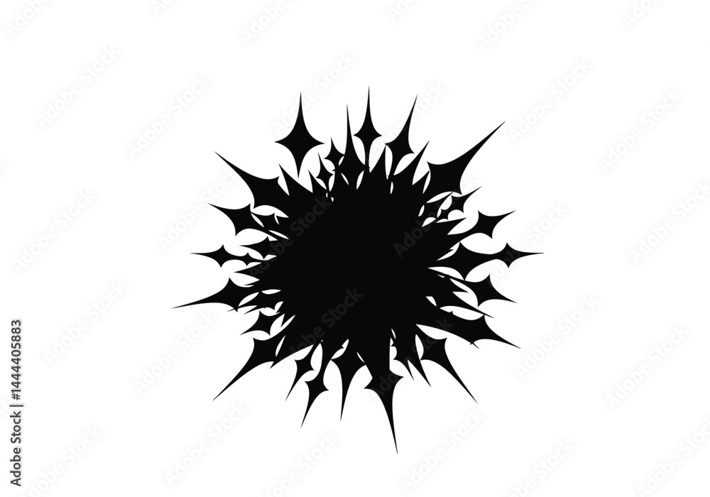 Glitter silhouette. This image displays a bold black abstract shape resembling a starburst, also known as sparkle or spiky burst, in an intricate design. Vector clipart illustration design. Glitter silhouette. This image displays a bold black abstract shape resembling a starburst, also known as sparkle or spiky burst, in an intricate design. Vector clipart illustration design.