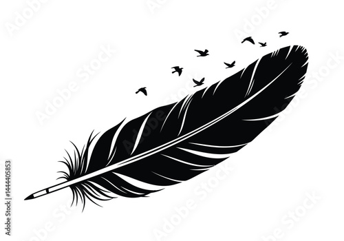 Feather with birds silhouette. This image shows a black silhouette of a feather with birds flying out of it, symbolizing freedom, flight, and nature. Vector clipart illustration design.
