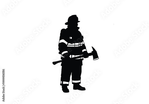 Firefighter silhouette. A bold black silhouette of a firefighter in full gear holding an axe, a rescue worker or emergency responder, bravery and service. Vector clipart illustration design.