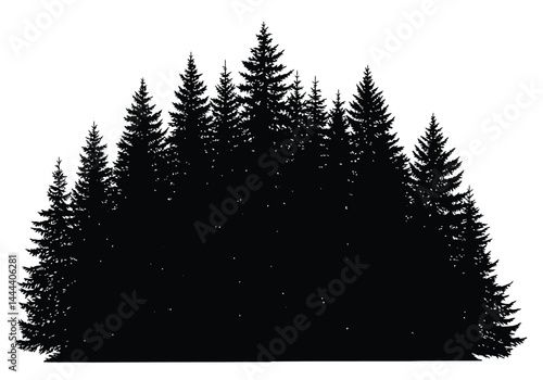 Pine forest silhouette. This image shows a dense cluster of pine trees in silhouette form, creating a striking and detailed outline of a forest. Vector clipart illustration design.