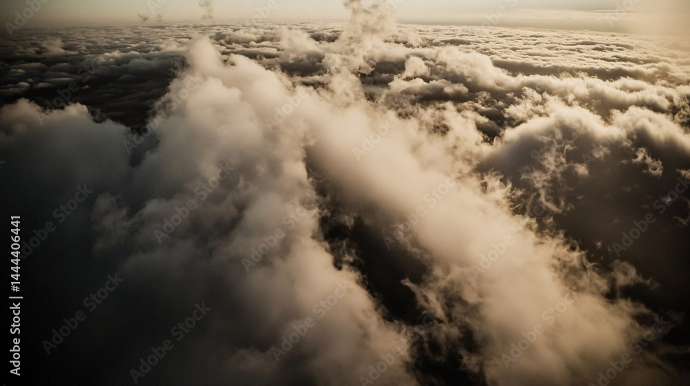 Fototapeta premium Airplane flying high above clouds in a dramatic sky creating a surreal dreamlike scene with color saturated atmosphere