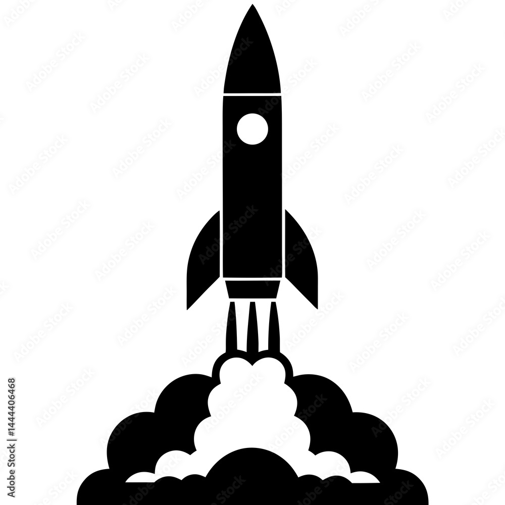 Fototapeta premium Silhouette of a rocket launching with smoke clouds and exhaust on a launch pad