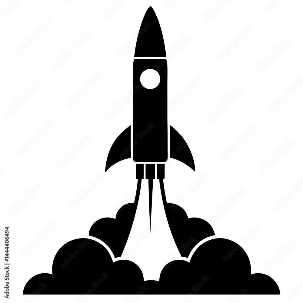 Fototapeta premium Silhouette of a rocket launching with smoke clouds and exhaust on a launch pad