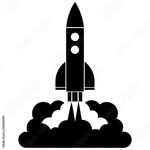 Silhouette of a rocket launching with smoke clouds and exhaust on a launch pad