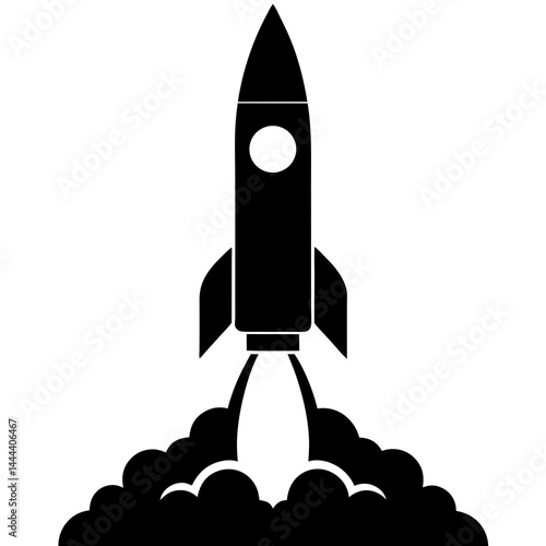 Silhouette of a rocket launching with smoke clouds and exhaust on a launch pad