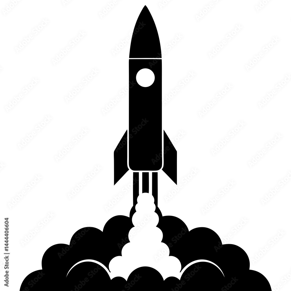 Fototapeta premium Silhouette of a rocket launching with smoke clouds and exhaust on a launch pad