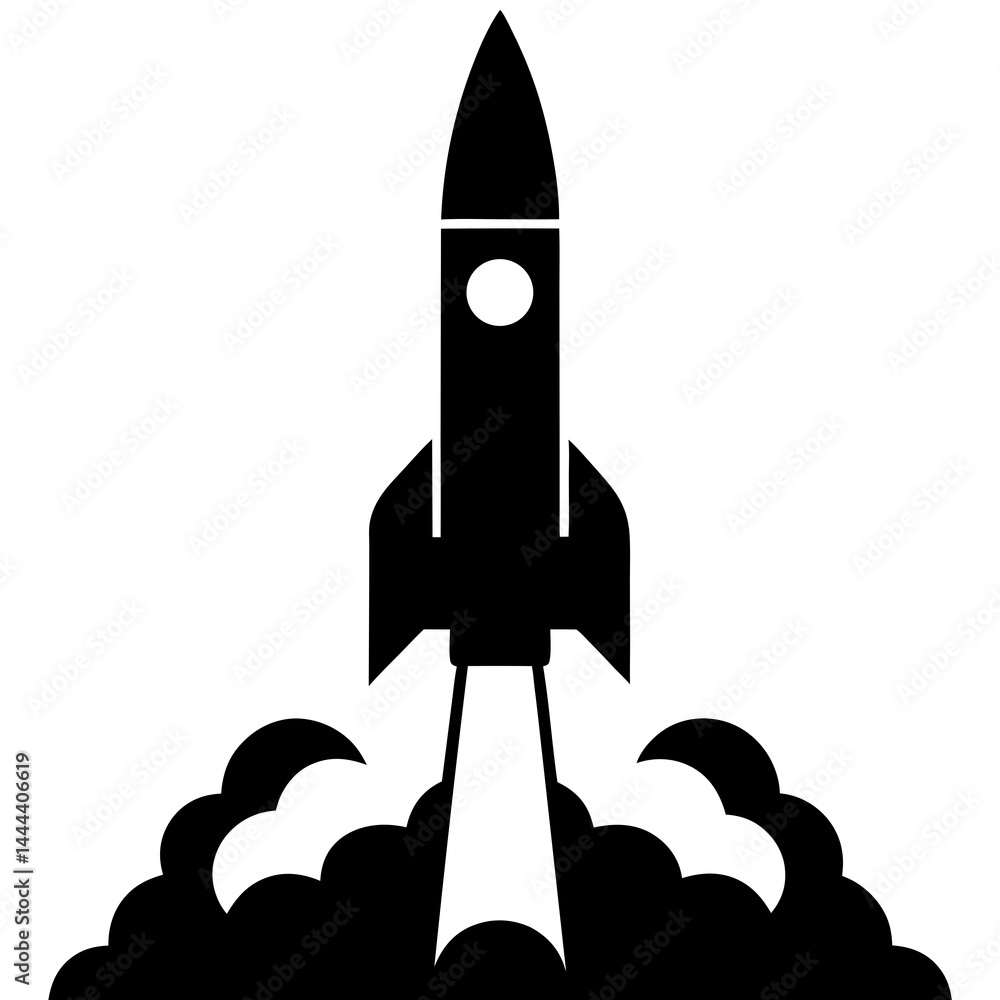Fototapeta premium Silhouette of a rocket launching with smoke clouds and exhaust on a launch pad