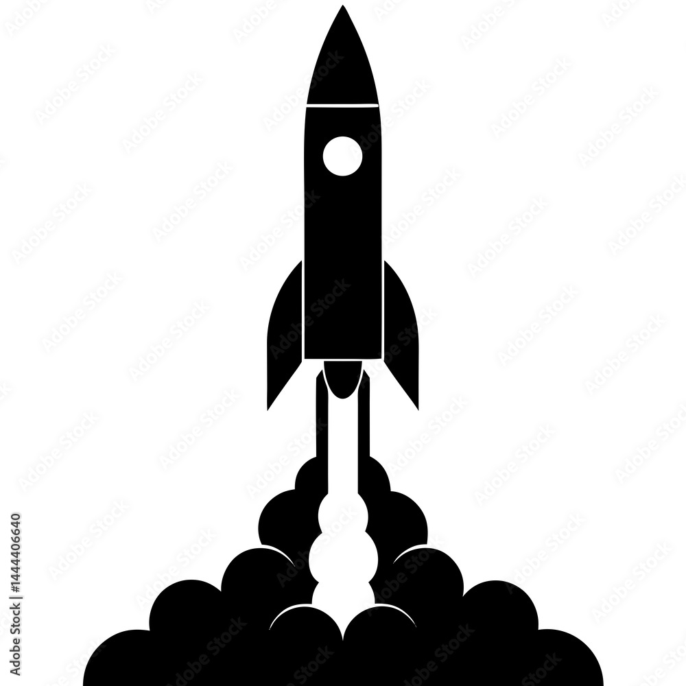 Fototapeta premium Silhouette of a rocket launching with smoke clouds and exhaust on a launch pad