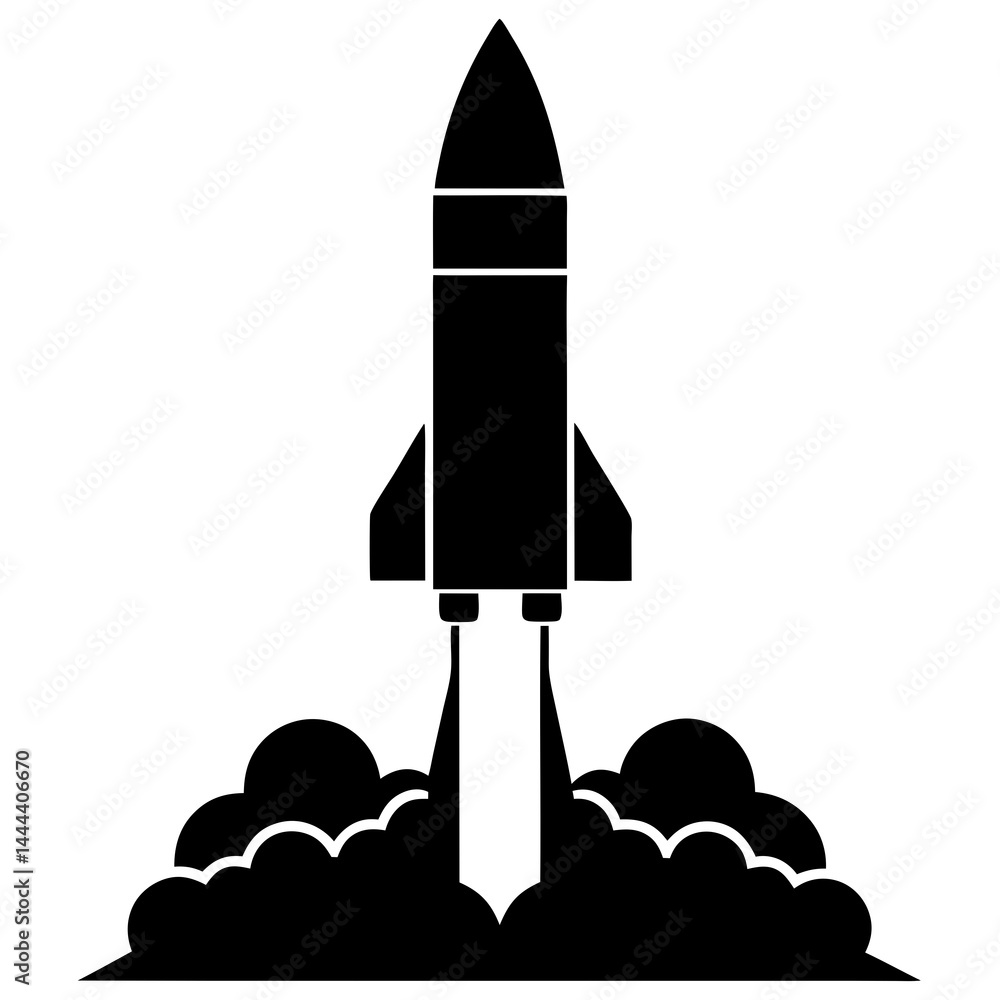 Fototapeta premium Silhouette of a rocket launching with smoke clouds and exhaust on a launch pad