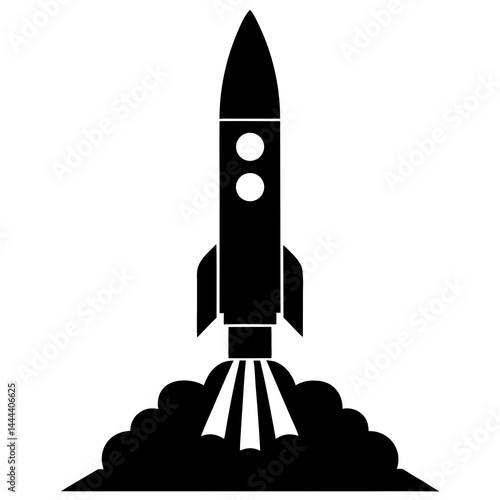 Silhouette of a rocket launching with smoke clouds and exhaust on a launch pad