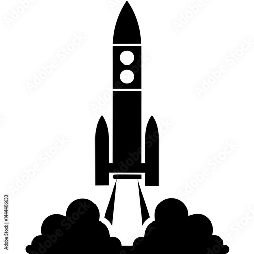 Silhouette of a rocket launching with smoke clouds and exhaust on a launch pad