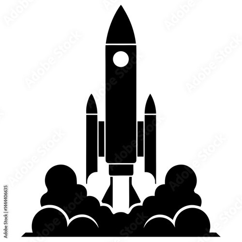 Silhouette of a rocket launching with smoke clouds and exhaust on a launch pad