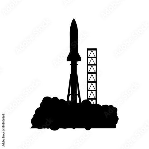 Silhouette of a rocket launching with smoke clouds and exhaust on a launch pad