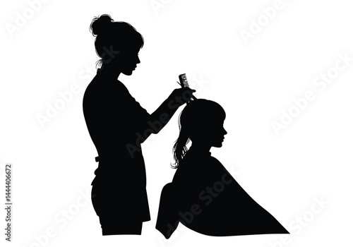 Hairdressing silhouette. Image showcases a bold black silhouette of a hairdresser working on a client's hair, a stylist or grooming professional, beauty and care. Vector clipart illustration design.
