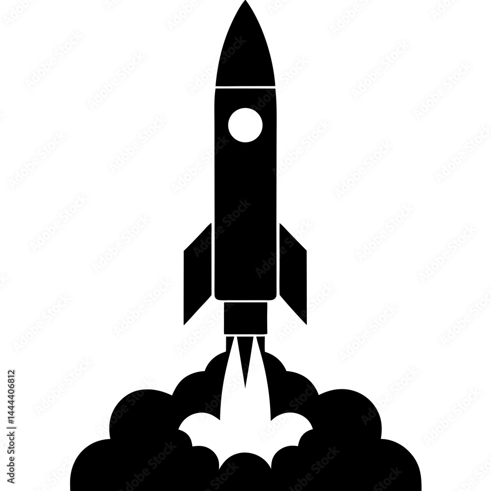Fototapeta premium Silhouette of a rocket launching with smoke clouds and exhaust on a launch pad
