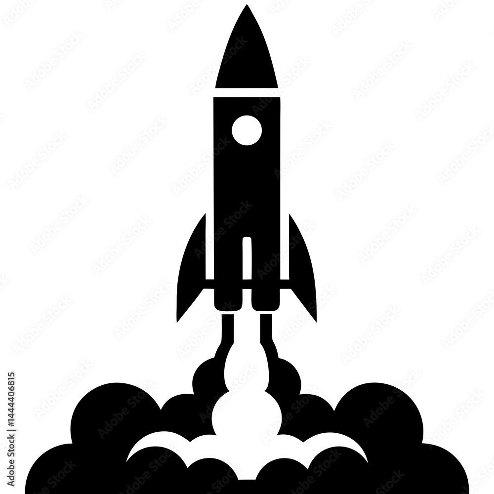 Fototapeta premium Silhouette of a rocket launching with smoke clouds and exhaust on a launch pad