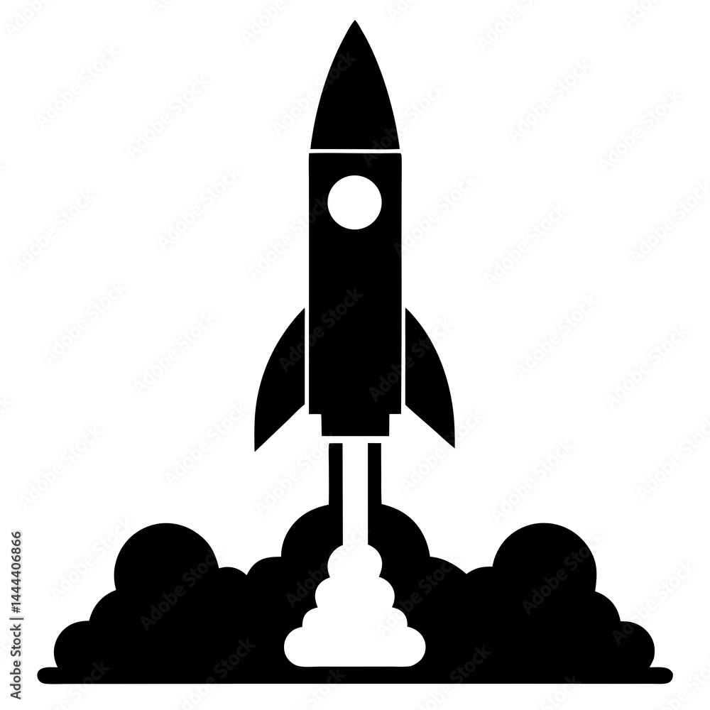 Fototapeta premium Silhouette of a rocket launching with smoke clouds and exhaust on a launch pad