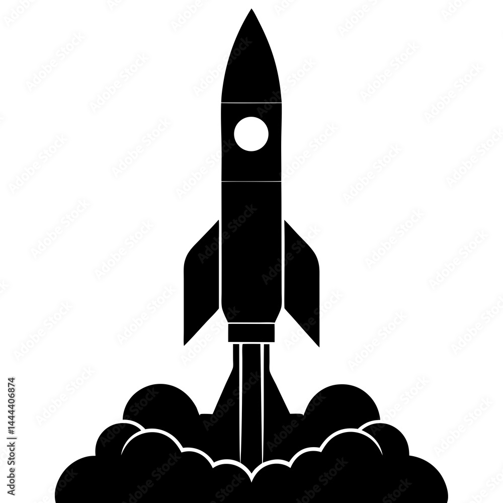 Fototapeta premium Silhouette of a rocket launching with smoke clouds and exhaust on a launch pad