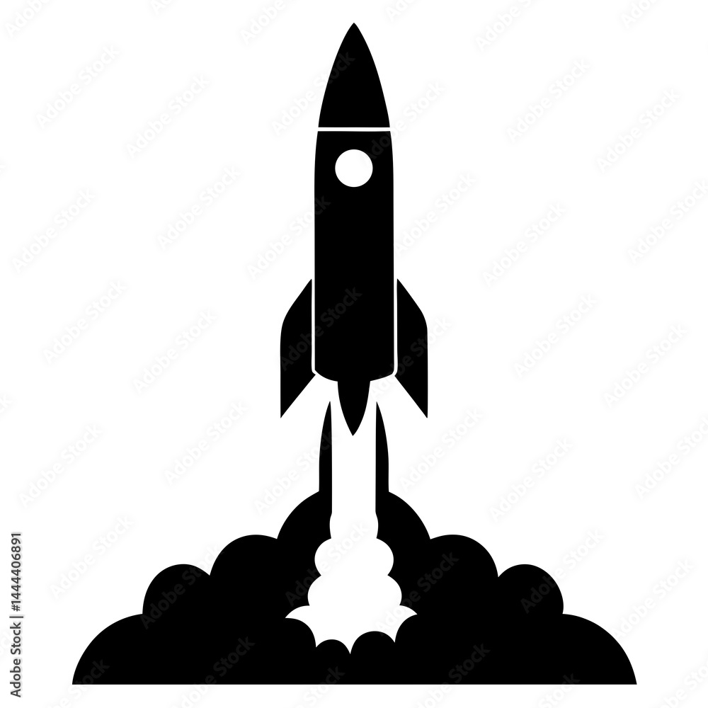 Fototapeta premium Silhouette of a rocket launching with smoke clouds and exhaust on a launch pad