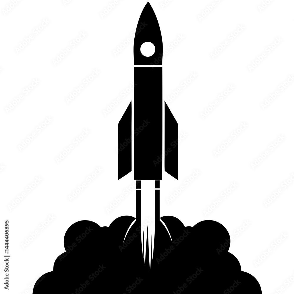 Fototapeta premium Silhouette of a rocket launching with smoke clouds and exhaust on a launch pad